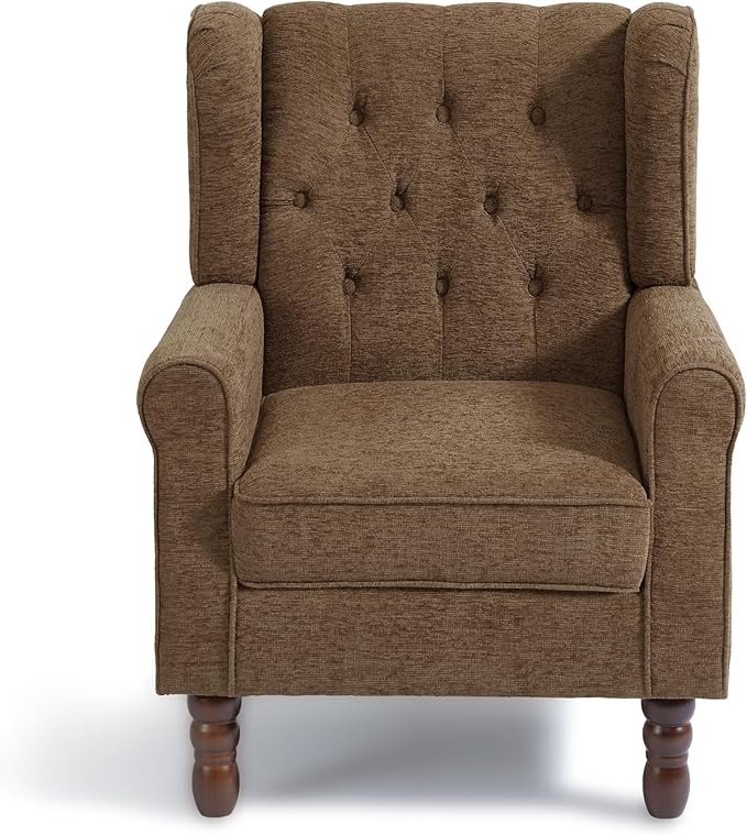 Accent Chair, Upholstered Armchair with Button Tufted High Back & Solid Wood Legs, Comfy Wingback Reading Single Sofa Chair for Small Spaces, Living Room, Bedroom (Brown, Set of 1)-Ruum Studio Home
