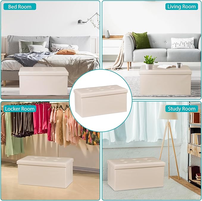 SUPER DEAL Folding Storage Ottoman Bench, 30 Inches Footrest Storage Bin with Padded Seat, Entryway Shoe Bench for Living Room Bedroom, 30"x15"x15", Faux Leather, Beige-Ruum Studio Home