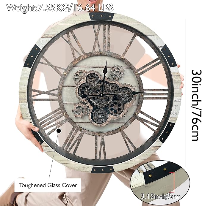 DORBOKER 30" Large Wall Clock Moving Gears,Oversized Industrial Rustic Farmhouse Clocks for Living Room Decor Office Home, Solid Wood Retro Metal HD Tempered Glass Cover,Desert Beige-Ruum Studio Home