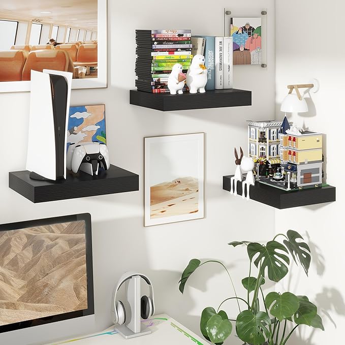 Black Deep Floating Shelves for Wall | 16 Inch Wide x 12 Inch Deep Floating Shelves Set of 2 | Rustic Wood Wide Wall Shelves | Bookshelf Laundry Shelf TV Shelf-Ruum Studio Home
