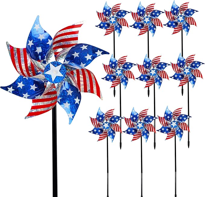Hausse 10 Pack Reflective Pinwheels Patriotic Decorations, American Flag on Stick Wind Spinner with Stake for Independence Day, Memorial Day July of 4th Party Supplies, Scare Birds Repellent Devices-Ruum Studio Home