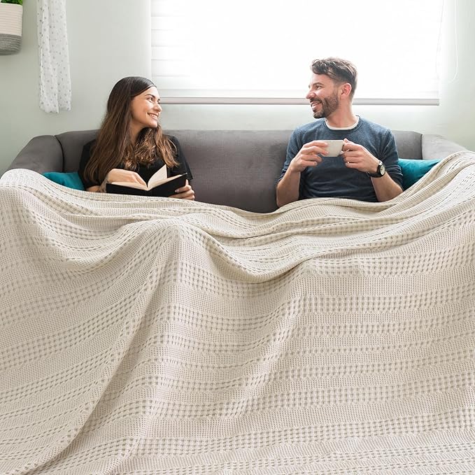 PHF Cooling Waffle Blanket California King Size, Lightweight 60% Rayon Derived from Bamboo & 40% Cotton Breathable Blanket for Hot Sleepers, Soft and Luxury for Bed Couch and Sofa, 110"x96", Linen-Ruum Studio Home