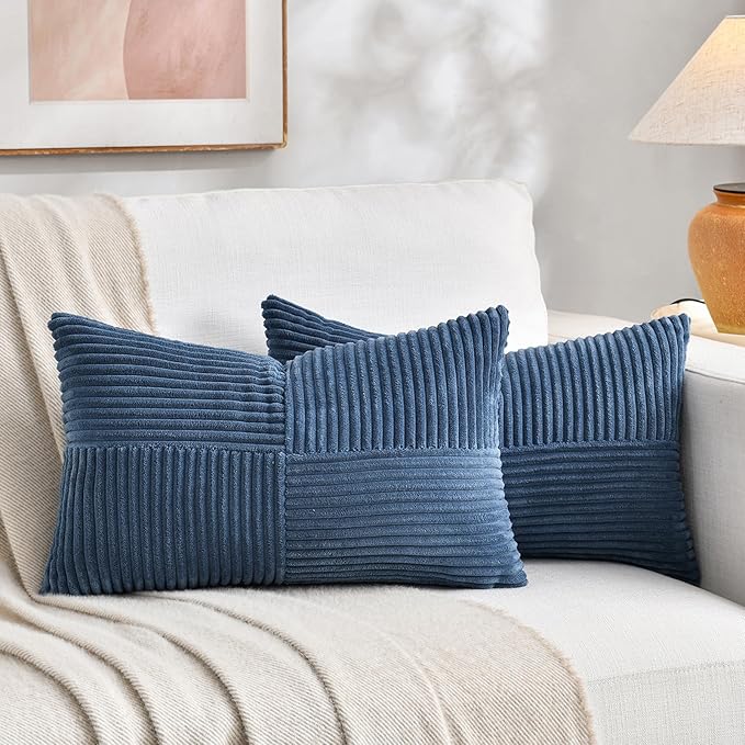 Fancy Homi 2 Packs Dusty Blue Long Lumbar Decorative Throw Pillow Covers 16x24 Inch for Couch Bed Sofa, Rustic Farmhouse Boho Home Decor, Soft Striped Corduroy Rectangle Accent Cushion Case 40x60 cm-Ruum Studio Home