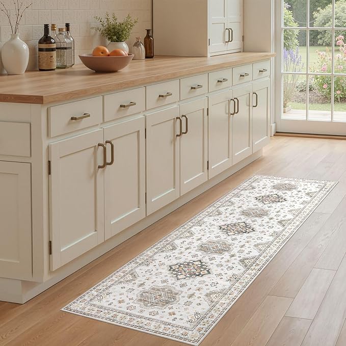 Washable 2x6 Runner Rug - Area Rugs Neutral Vintage Distressed Floral Farmhouse Boho Large Soft Floor Rug Indoor Carpet for Hallway Entryway Bedroom Kitchen - Blue Brown-Ruum Studio Home