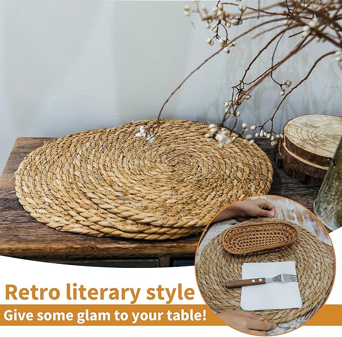 Defined Deco Woven Placemats Set of 6,13" Round Rattan Placemats,Natural Hand-Woven Water Hyacinth Placemats,Farmhouse Weave Place Mats,Rustic Braided Wicker Table Mats for Dining Table,Home,Wedding.-Ruum Studio Home