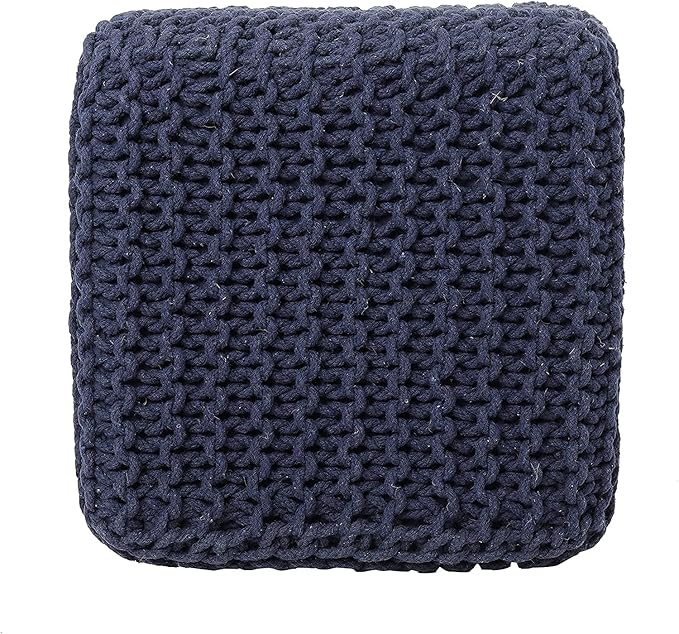 REDEARTH Square Hand Knitted Pouf - Foot Stool Ottoman Coffee Table - Cotton Cord Boho Pouffe - Poof Accent Footrest for Living Room - Bedroom - Library (16" x 16" x 16") - Navy Blue-Ruum Studio Home
