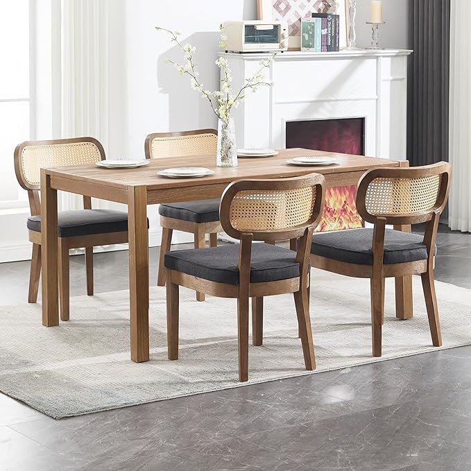 Rattan Dining Chairs Set of 2 Upholstered Linen Kitchen & Dining Room Chair with Curved Backrest Farmhouse Kitchen Chair Solid Wood Armless Side Chair for Dining Room/Restaurant, Black-Ruum Studio Home