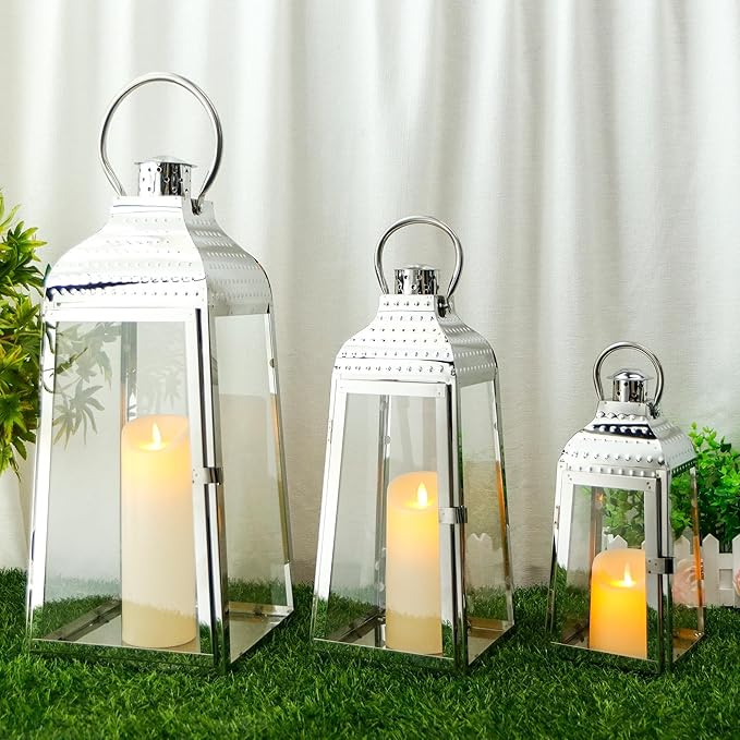 TRIROCKS Set of 3 Stainless Steel Candle Lanterns 20.5''&16''&12''H Decorative Candle Holders with Tempered Glass for Indoor Outdoor Porch Parities and Wedding(Silver)-Ruum Studio Home