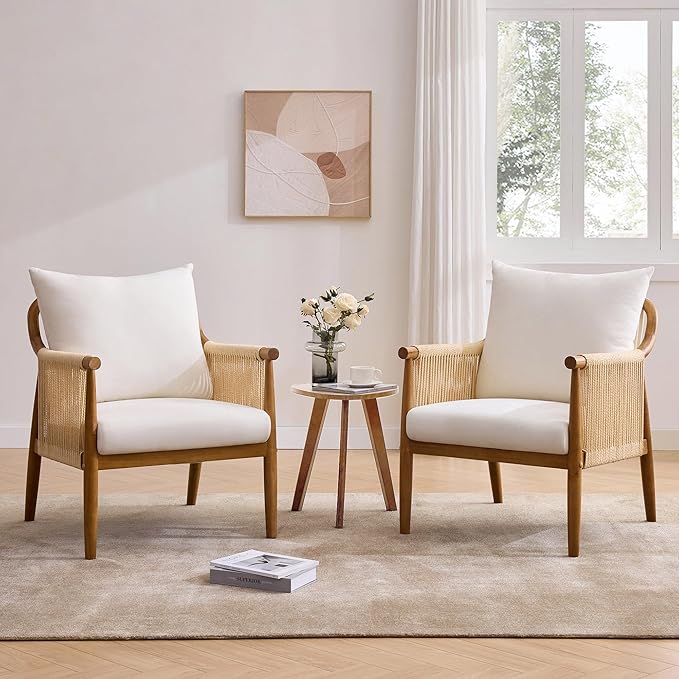 Braid Accent Chair for Living Room Bedroom Reading Room, Rattan Modern Boho Armchair with Solid Wooden Armrest & Frame and Cushions-Ruum Studio Home
