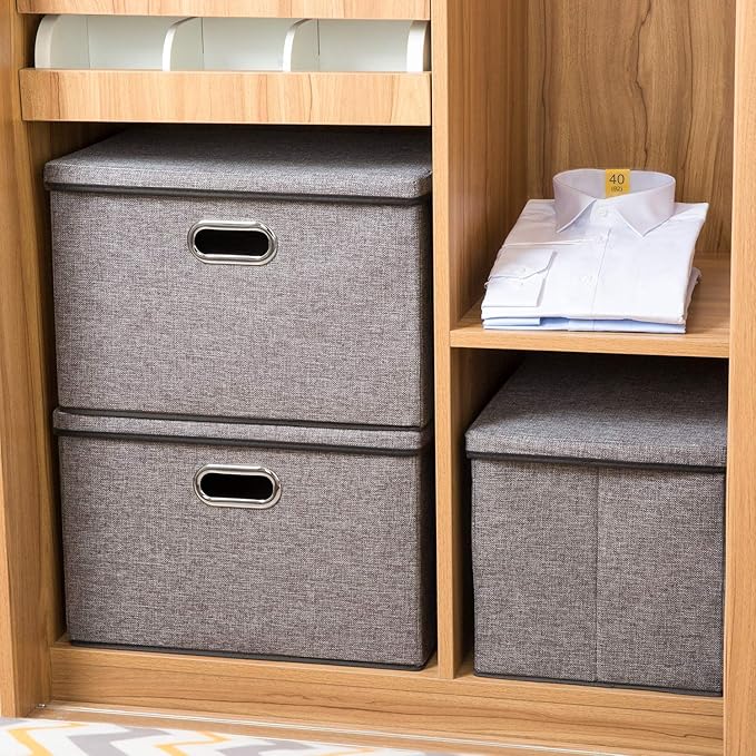 PRANDOM Large Collapsible Storage Bins with Lids [3-Pack] Linen Fabric Foldable Storage Boxes Organizer Containers Baskets Cube with Cover for Home Bedroom Closet Office Nursery (17.7x11.8x11.8)-Ruum Studio Home