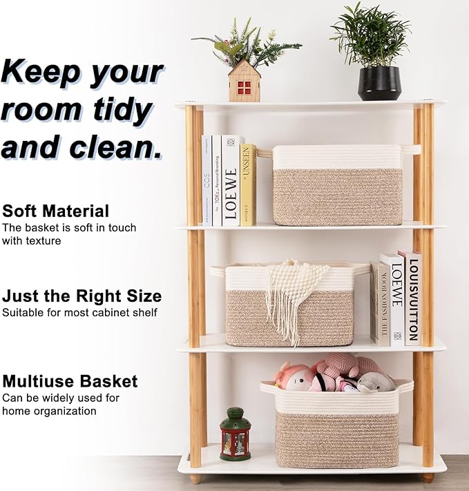 OIAHOMY 3 Pack Storage Baskets for Organizing, 13''X9.85''X8.7'' Storage Bins,Woven Basket with Handles, Toy Storage Bin,Stylish Room Decor Basket, white & Brown variegated-Ruum Studio Home