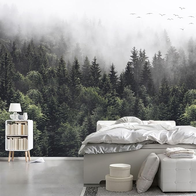 WFBHUA-Foggy Forest Woodland Wallpaper Green Nature Landscapes Wall Murals for Bedroom Living Room(Not Peel and Stick)-Ruum Studio Home
