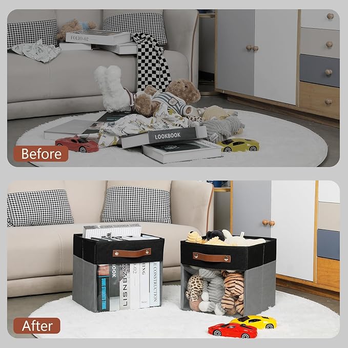 HNZIGE Cube Storage Bins 11 x 11, Fabric Cubes Storage Bins 11x11 Clear Storage Organizer,Canvas Storage Bin for Cube Storage, Cubby Collapsible Organizer Bin for Organizing Home(Gray Black 6PCS)-Ruum Studio Home