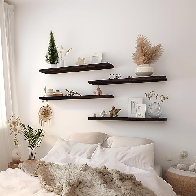 24 Inch Floating Shelves for Wall Rustic Brown Wood Wall Shelves for Bedroom Set of 4-Ruum Studio Home