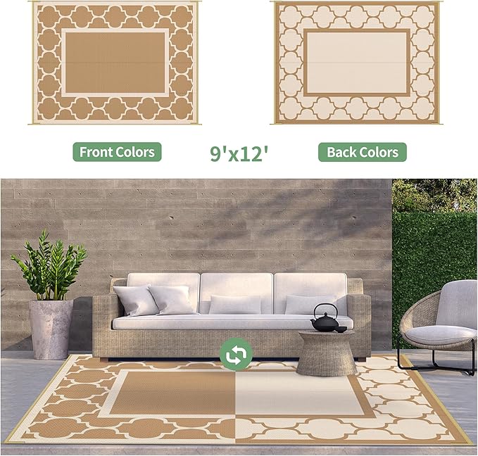 GENIMO 9' x 12' Outdoor Rug for Patio Clearance, Waterproof Indoor Outdoor Plastic Straw Rugs Carpet, Reversible Outside Area Rv Mat for Camping, Balcony Porch, Deck, Picnic, Beach (Brown & Beige)-Ruum Studio Home