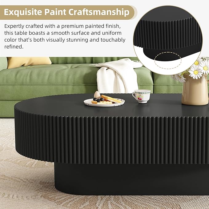 43.3" Oval Fluted Coffee Table Modern Elegant Drum End Table, Minimalist Center Table 7.8" Thick Tabletop with Sturdy Base for Living Room, Bedroom, Apartment,Easy Assembly, Black-Ruum Studio Home