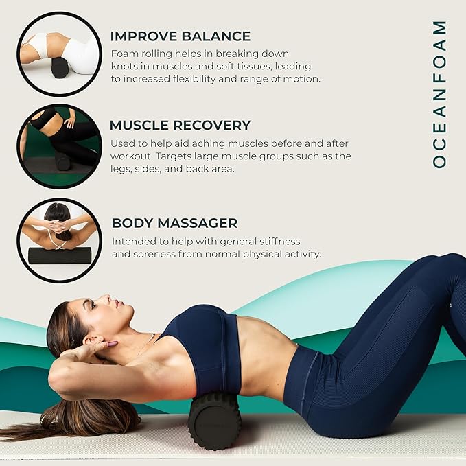Oceanfoam Tidal Roller - Black - Muscle Massage Foam Roller for Back Pain & Stretching - Firm and Ergonomic Wide Wave Textured - Yoga, Athletics, & Wellness - Full Size, 20" x 5"-Ruum Studio Home