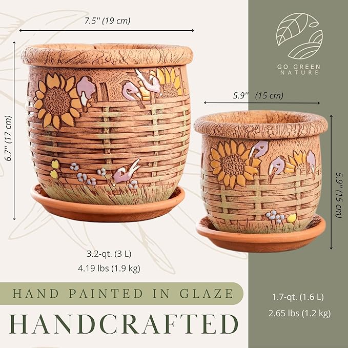 Ceramic Pot with Drainage Hole and Saucer, Plant Pots, Modern Decorative Planters for House Plants Indoor Flowers Plants, Cute Flower Pot - Gifts (Wicker (1.6 L))-Ruum Studio Home