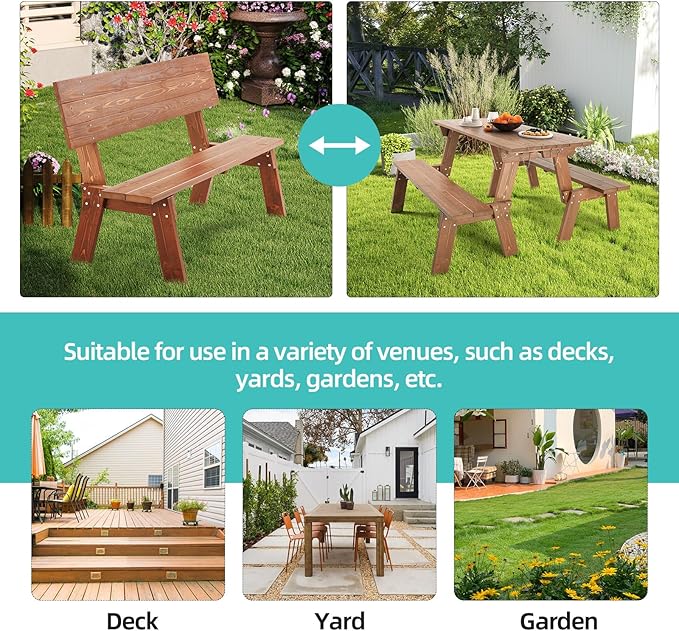 AVAWING Outdoor Convertible Wood Bench with Backrest, Patio Wood Convert a Bench, Space-Saving 2-in-1 Picnic Table Chairs Set for Backyard, Porch, Patio, Garden, Brown-Ruum Studio Home