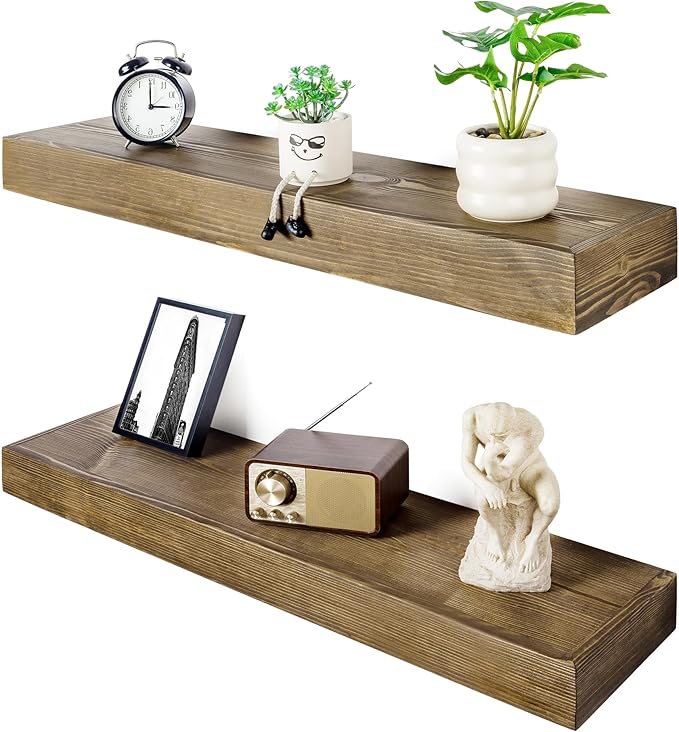 Floating Shelves 3 inch Thick for Wall Set of 2,Solid Pine Wood Wall Mount Shelf for Kitchen Living Room Bedroom Bathroom,8" D x 36" L x 3" H-Black Walnut-Ruum Studio Home