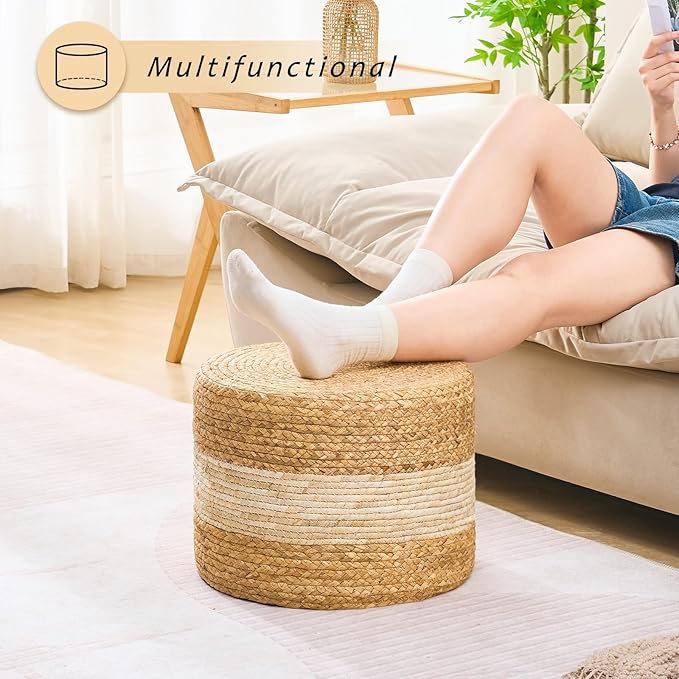 Handwoven Water Hyacinth Ottoman Pouf, Round Outdoor Footstool with Sturdy Frame, No Assembly Needed, Boho Accent Stool for Indoor & Outdoor Use – Patio, Balcony, Living Room (White)-Ruum Studio Home