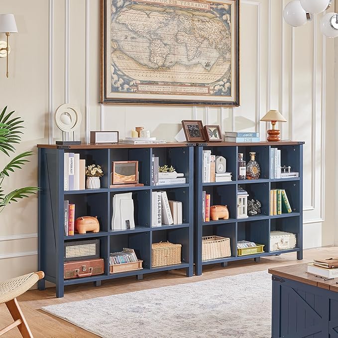 9 Cube Bookcase, Farmhouse 47 Inch Wide Navy Blue Bookshelf, Wooden 3 Tier Display Large Open Book Shelf, Vintage Horizontal Book Case for Home Office, Cubby Storage Cabinet for Living Room-Ruum Studio Home