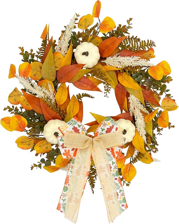 CYANBLOOM Fall Wreaths for Front Door: Rustic 20-22 Inch Bow Wreath with Golden Eucalyptus, White Pumpkins & Wheat - Lovely Warm Vibes Outdoor Indoor Farmhouse Decor for Halloween Thanksgiving Autumn-Ruum Studio Home