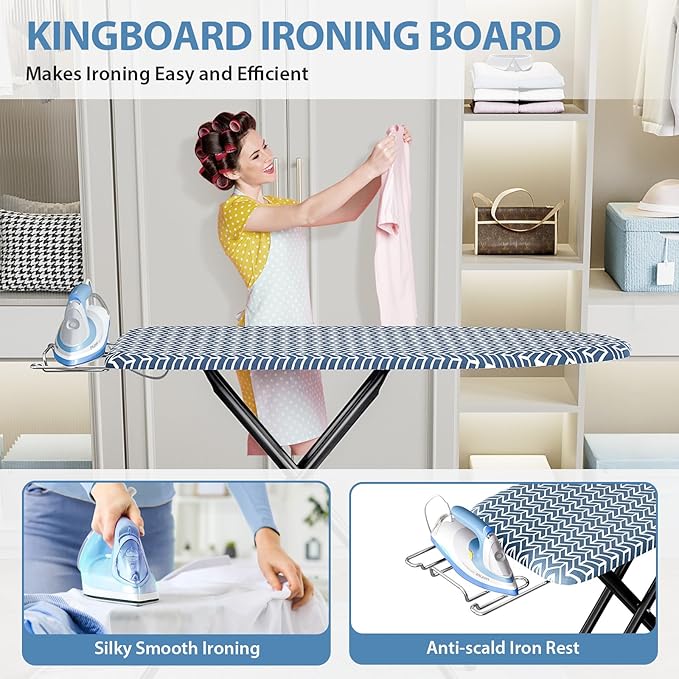 KINGBOARD Ironing Board, Foldable Iron Board with Iron Rest, Compact Ironing Board with Height Adjustable, Extra Thick Heat-Resistant Cover, Heavy-Duty Sturdy Metal Legs, 43x13 Blue-Ruum Studio Home