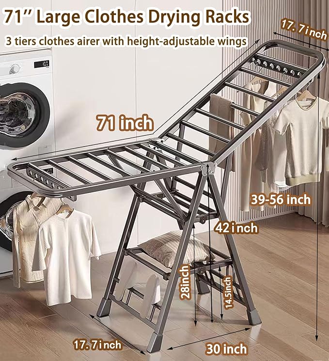 Mimiblack Heavy Duty Clothes Drying Rack Foldable with Wheels, 71'' Extra-Thick Metal Laundry Dryer Stand, 27 Rods Free-Standing for Indoor/Outdoor Windproof Use - Large Size-Ruum Studio Home