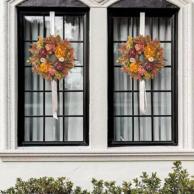 WANNA-CUL 24 Inch Fall Wreaths for Front Door with Hydrangea,Peony and White Pumpkins-Fall Decorations for Home, Fall Door Wreath Decor for Autumn,Harvest, Halloween or Thanksgiving-Ruum Studio Home