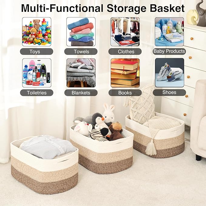 Large Storage Baskets for Organizing Shelves, Woven Cotton Rope Bins for Baby Nursery Organization, Book Toy Towel Organizer, 17"x13"x9.5", 3 Packs, Gradient Brown-Ruum Studio Home