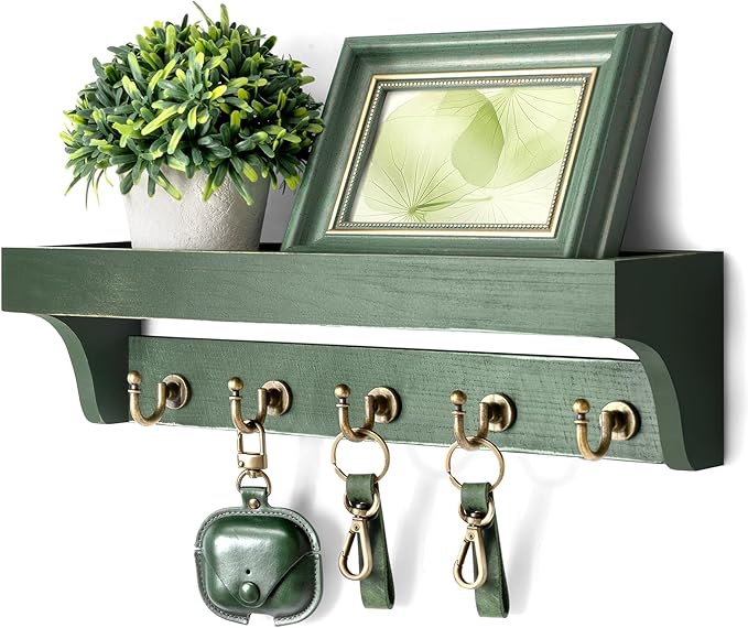 Rebee Vision Farmhouse Pine Wood Key Holder Wall Mount with Shelf for Home Improvement - Rustic Wall Mail Holder for Farmhouse Room Decor - Perfect Mail Organizer for Home (Green)-Ruum Studio Home
