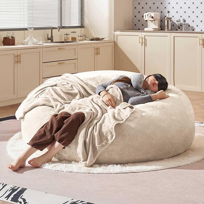 Bean Bag Chair 6Ft, Memory Foam Filled, Large Beanbag Chairs for Adults and Teens, Soft Sofa with Removable Flannel Cover, Round Couch for Living Room Bedroom College Dorm (Apricot, 6FT-67×67"×24")-Ruum Studio Home