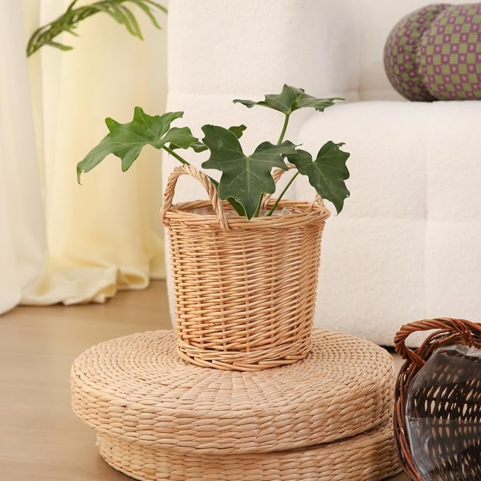 Handwoven Wicker Planter Basket with Waterproof Liner – Natural Yellow Decorative Flower Pot Holder for Indoor Use - Small Size (Inner Top Ø 7", Inner Height 5.9")-Ruum Studio Home