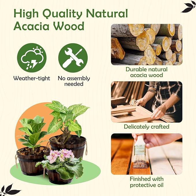 IDZO Set of 3 Wooden Flower Boxes Outdoor, Durable Acacia Wood Barrel Planters for Outdoor Plants with Ergonomic Handles, Drainage Holes, Multiple Sizes Wood Bucket Planter for Home Décor-Ruum Studio Home
