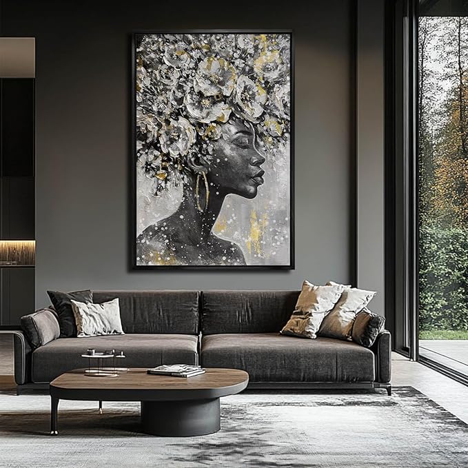 Large Black and Gold African American Wall Art with Framed Black Woman Office Bedroom Living Room Poster Home Hanging Decor 32x48 Inch-Ruum Studio Home