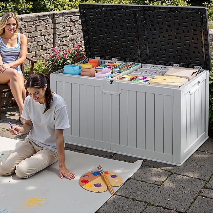 JUMMICO 250 Gallon Outdoor Resin Deck Box with Divider, Waterproof Storage Box with Lockable Lid&Side Handles for Garden Tools, Pools Supplies (White with Black Cover)-Ruum Studio Home