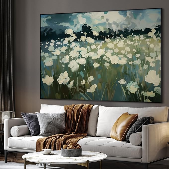 SIGNWIN 36"x46" Extra Large Framed Wall Art White Wildflower Field in Impressionist Style, Soft Floral Landscape for Home Living Room Bedroom Decor (Frame Assembly Required)-Ruum Studio Home