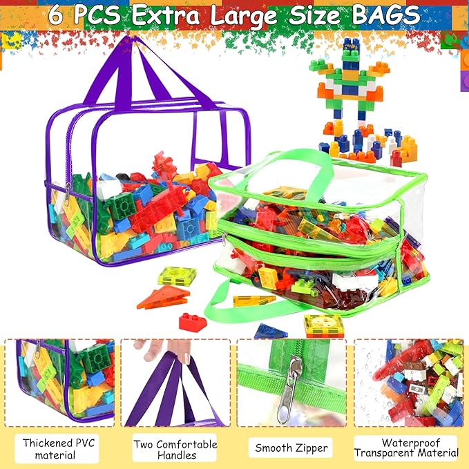 6 Colors Widen X-Large Toy Storage Bags 12.6×9.25×6.9In with Labels, Reusable Clear PVC Board Game Storage, Travel Waterproof Organizer Bags with Zipper for Building Blocks, Puzzle, Stuffed Animals-Ruum Studio Home