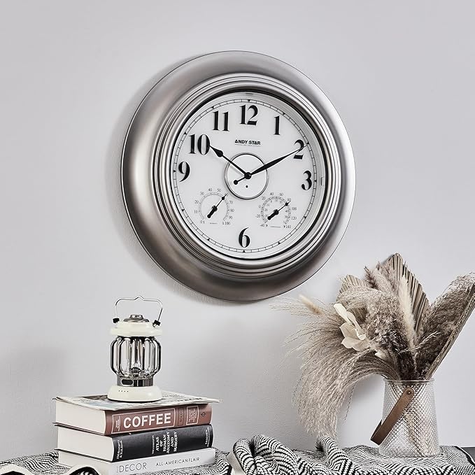 Andy Star 21 Inch Silver Illuminated Outdoor Wall Clock Waterproof with Thermometer and Hygrometer, Oversized Battery Operated Round Wall Clock, Big Silent Non Ticking Clock for Patio Pool Garden-Ruum Studio Home
