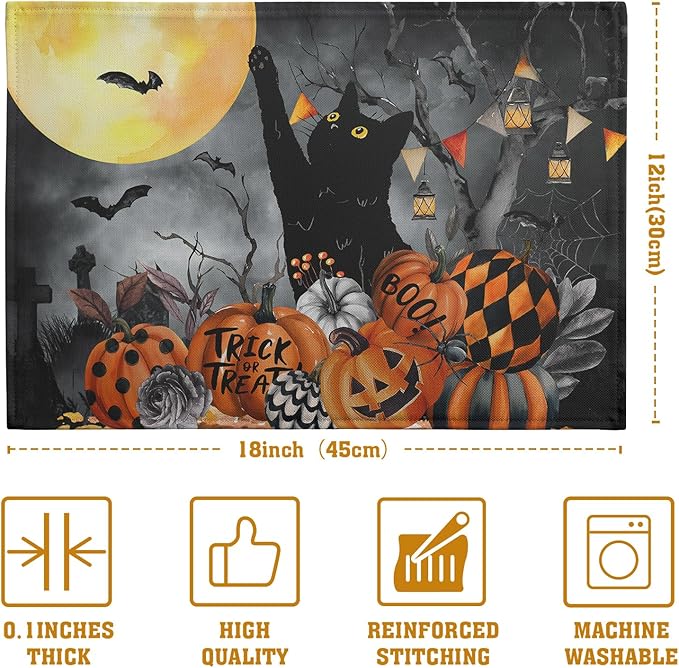 Black Cat Halloween Placemats Set of 4 Spooky Pumpkin Boo Bat Moon Horror Place Mats 12x18 Inch Seasonal Washable Linen Table Mat for Party Kitchen Dining Outdoor Indoor Decor-Ruum Studio Home