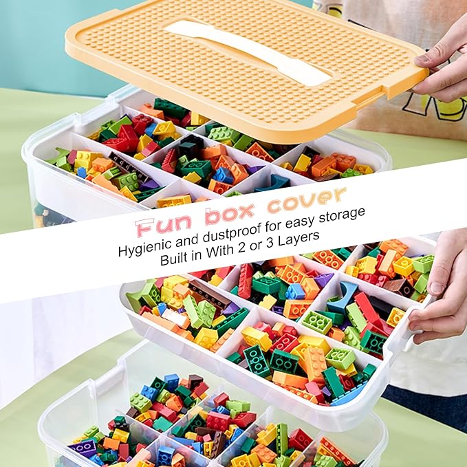 Toys Organizer Storage Case for Lego Box Kids Toy Stackable Building Blocks with Lids Bins Adjustable Lego Storage Containers Plastic Toy Box 2 Layer (Lemon)-Ruum Studio Home