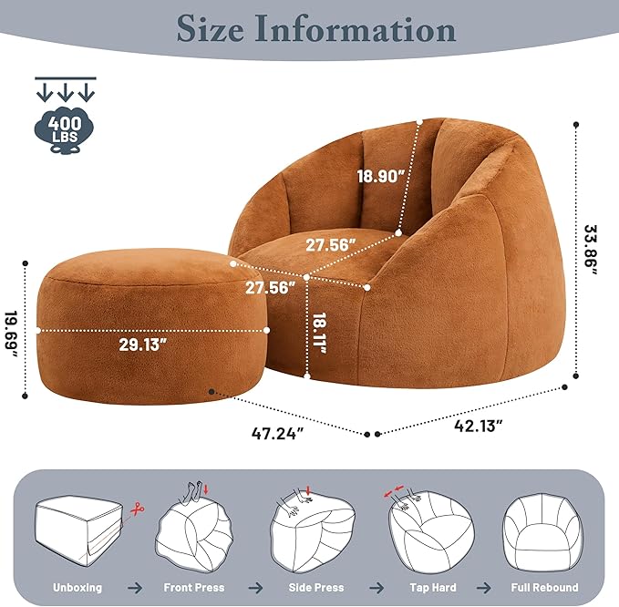 Giant Bean Bag Chaise Lounge Indoor Chair for Adults - Comfy Plush Round Shell Soft Accent Chair, Oversized Cozy Floor Sofa for Living Room, Bedroom & Game Rooms, Orange-Ruum Studio Home