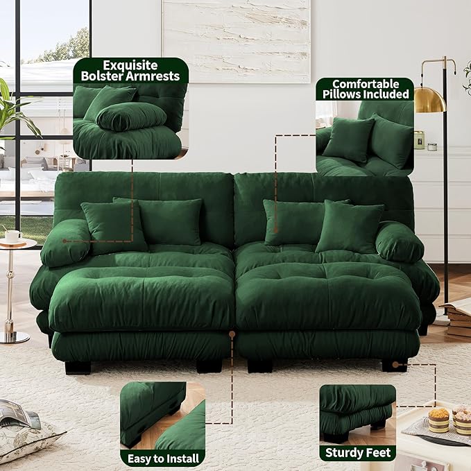 Modular Sectional Sofa, Cloud Couch U Shaped Sectional Couches for Living Room, Green Couch Oversized Loveseat with Movable Ottoman, Modern Deep Seat Sofa with Throw Pillows, Chenille-Ruum Studio Home