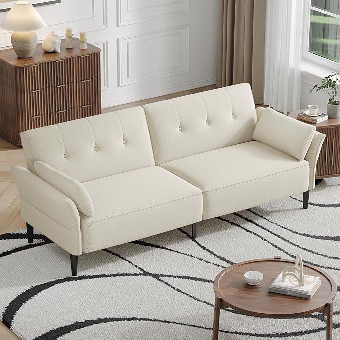 89” Futon Sofa Bed, Linen Comfy Futon Couch Bed with 2 Square Pillows, Convertible Sleeper Sofa with Adjustable Backrest& Armrests, Modern Loveseat Sleeper for Living Room, Bedroom, White-Ruum Studio Home
