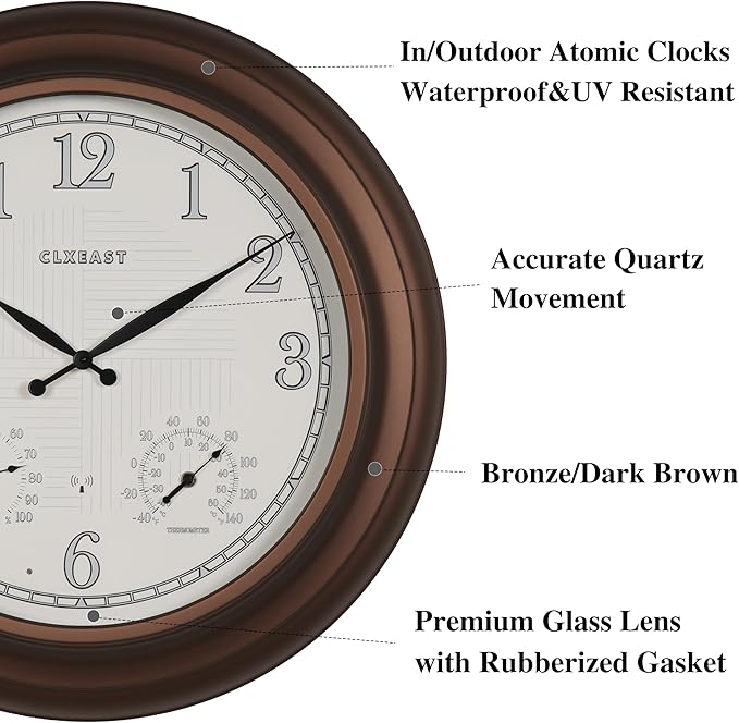 CLXEAST 24 Inch Illuminated in/Outdoor Lighted Atomic Analog Wall Clock with Thermometer & Hygrometer, Oversized Large Waterproof Wall Clocks for Living Room Decor,Bronze Finish-Ruum Studio Home