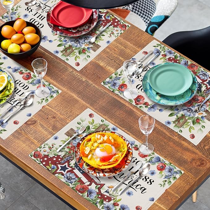 4th of July Placemats Set of 4 Patriotic Floral Cross Stars Independence Memorial Day Place Mats 12x18 Inch God Bless America Linen Fabric Table Mats for Party Kitchen Dining Decoration-Ruum Studio Home