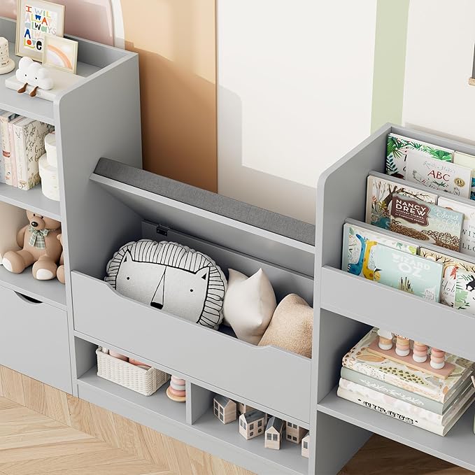 FOTOSOK 72” Kids Bookshelf with Reading Nook, Large Toy Storage Organizer with Seat Cushion and 3 Movable Drawers, Kids Reading Nook Toy Organizers and Storage with Bench for Living Room, Grey-Ruum Studio Home