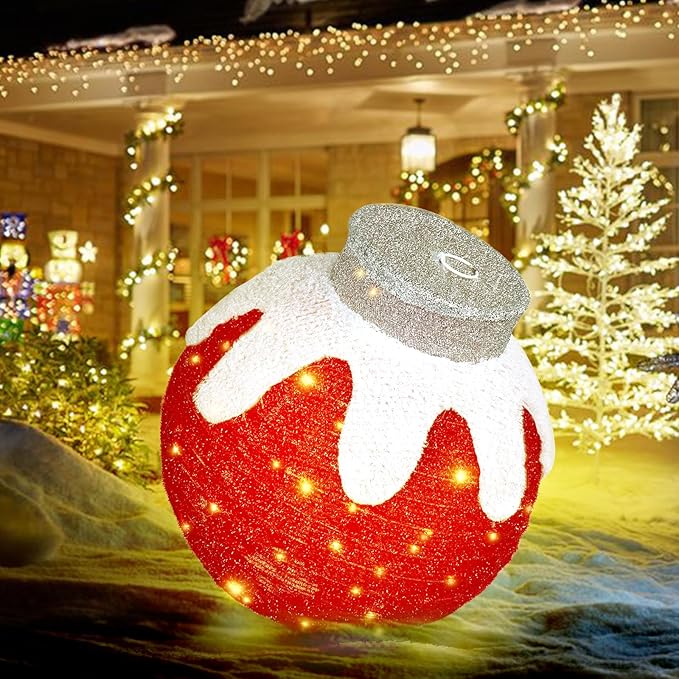 BRIGHTDECK Outdoor Christmas Ornaments, Lighted Pop-Up Outdoor Holiday Ball Decoration with 80 LED Lights, 8 Light Modes, Lighted Collapsible Holiday Decorations for Yard, Home (Red)-Ruum Studio Home