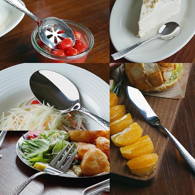 Stainless Steel Silverware Serving Set Hammered Silver Mirror Finished 5 Piece Serving Utensil Set Flatware Set-Ruum Studio Home